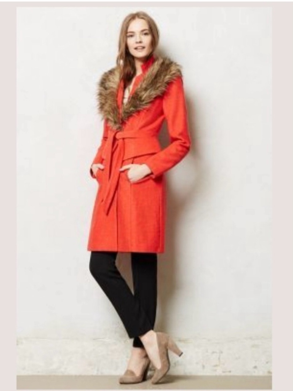Tracy Reese Orange Red Wool Trim Belted Trench Coat
